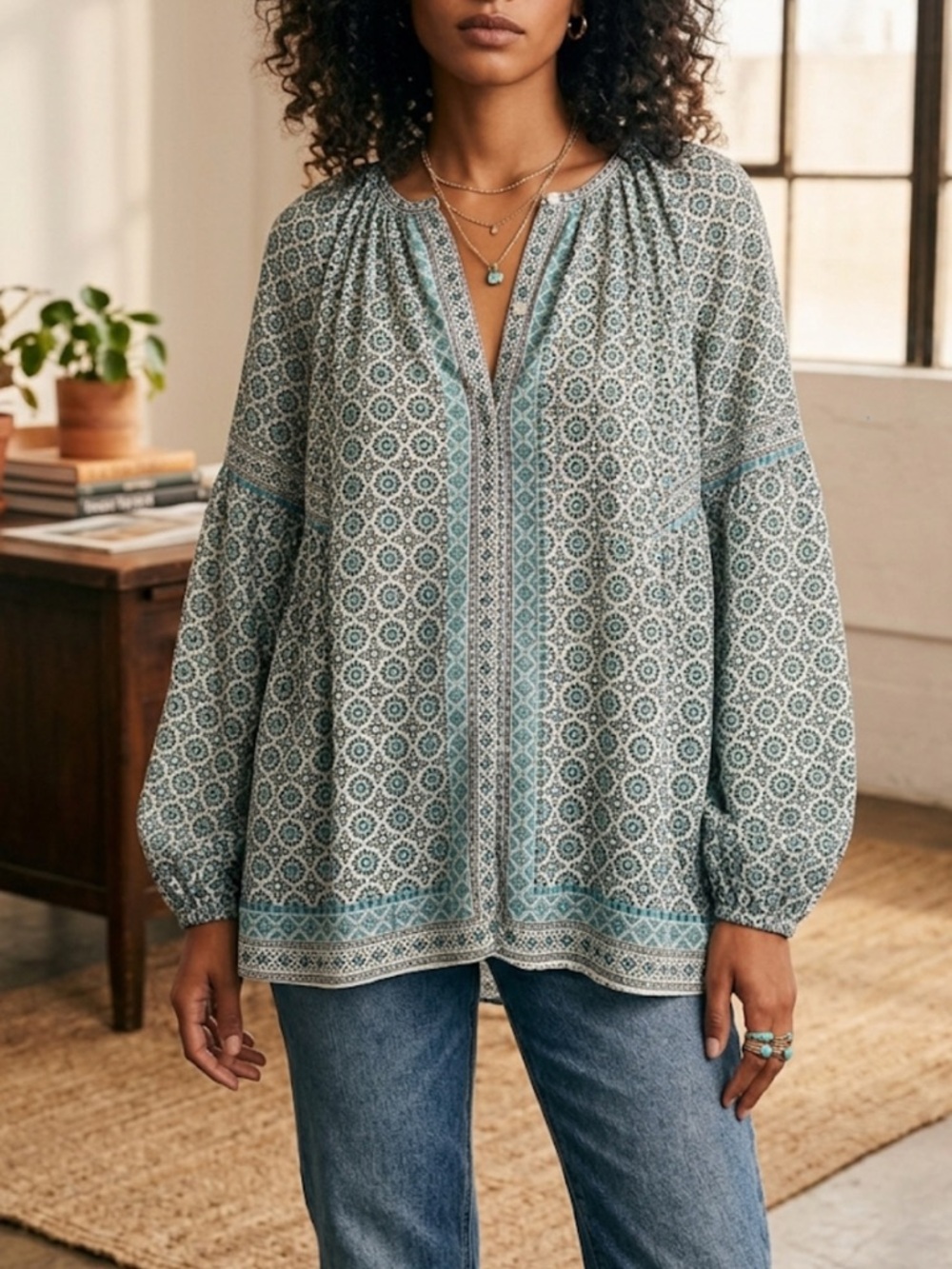 Max Studio London Tunic Blouse 1X Paisley Balloon Long Sleeves Popover Preppy